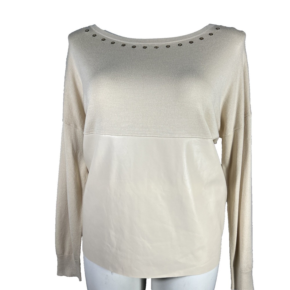 LIU JO‎ Milano Sweater LARGE Cream Gold Eyelet Mixed Media Knit Pleather Drop